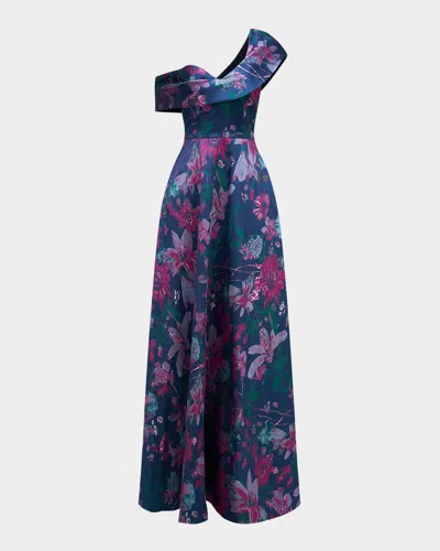 Theia Angelica Asymmetric Floral-print Gown In Midnight Celeste