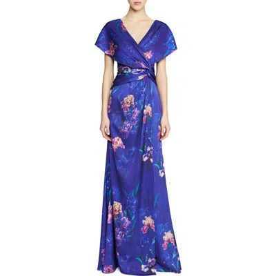 Theia Angelina Floral Print Faux Wrap Gown In Moonlit Iris