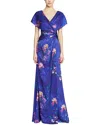 Theia Angelina Floral Print Faux Wrap Gown In Blue