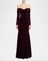 Theia Anita Pleated Off-shoulder Velvet Gown In Crimson Rose