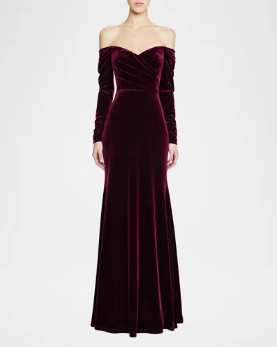 Theia Anita Pleated Off-shoulder Velvet Gown In Crimson Rose