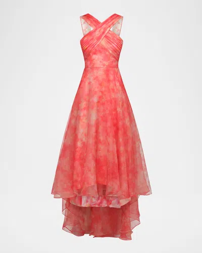 Theia Athena High-low Organza Halter Gown In Orange