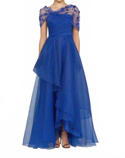 Theia Atlas Shawl Draped Gown In Sapphire In Blue