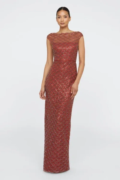 Theia Aura Beaded Column Gown In Brown