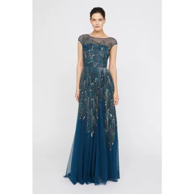 Theia Ava Beaded Cap Sleeve Gown In Blue