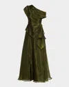 Theia Avalina Draped Organza Lame Peplum Gown In Green
