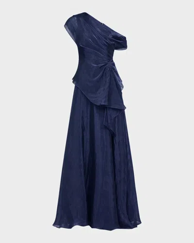 Theia Avalina Draped Organza Lame Peplum Gown In Blue