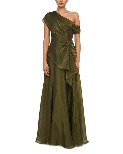 Theia Avalina Draped Organza Lame Peplum Gown In Green