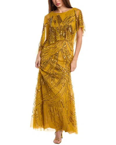 Theia Ayla Beaded Shawl Gown In Gold