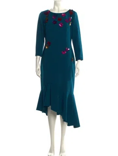 Pre-owned Theia Bateau Neckline Midi Length Dress In Blue