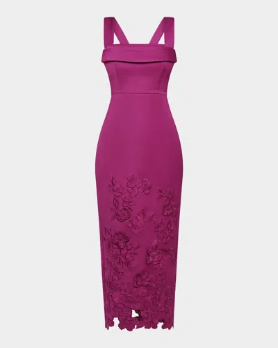 Theia Billie Floral Applique Midi Sheath Dress In Purple