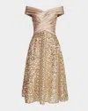 Theia Brandy Off-shoulder Pleated Sequin Midi Dress In Champange
