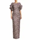 Theia Brocade Ruffle Gown In Dusty Rose In Multi