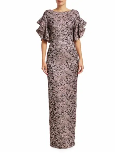 Theia Brocade Ruffle Gown In Dusty Rose In Multi