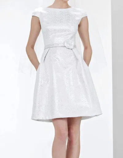 Theia Cap Sleeve Bateau Jacquard Bridal Dress In White