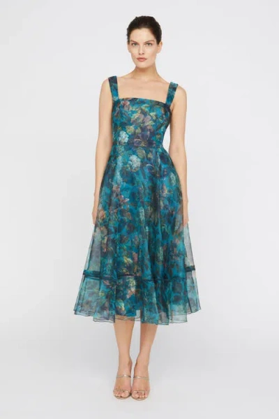 Theia Carmen Short Sleeve Midi Dress In Blue