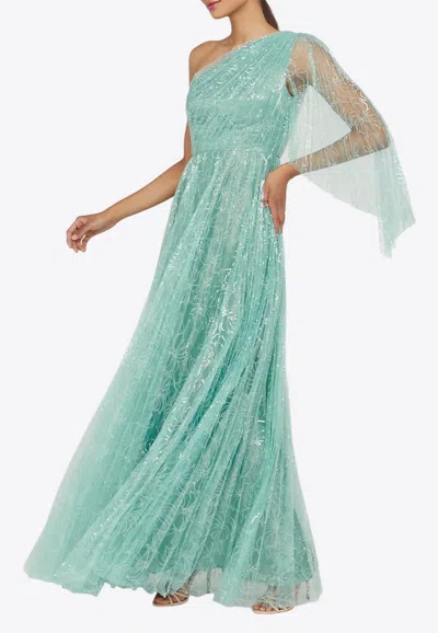 Theia Carol One-shoulder Sequined Tulle Gown In Green