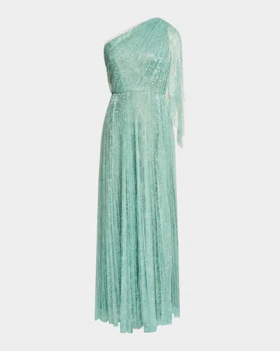Theia Carol Sequined Tulle One-shoulder Gown In Green