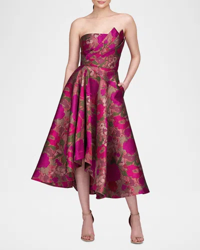 Theia Carolina Strapless Metallic Jacquard Midi Dress In Rose Gold