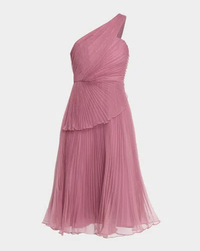 Theia Cece Pleated One-shoulder Organza Midi Dress In Purple