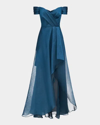 Theia Cecilia Pleated Off-shoulder Jacquard Gown In Night Swim