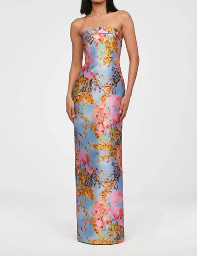 Theia Cleo Strapless Column Gown In Whisper Blue Zen In Bloom In Multi