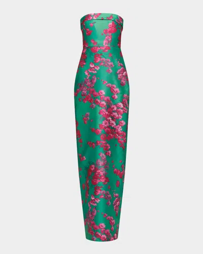 Theia Cleo Strapless Floral-print Column Gown In Green
