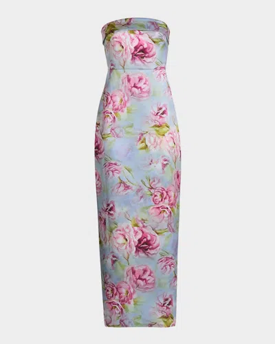 Theia Cleo Strapless Floral-print Mikado Column Gown In Blue