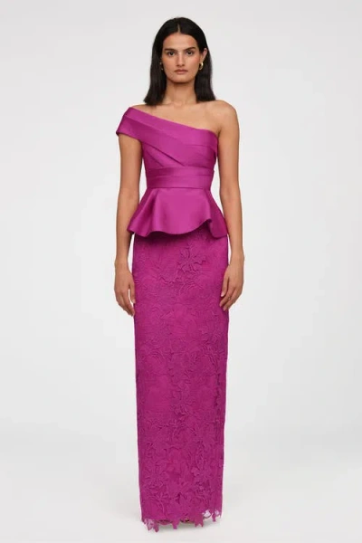 Theia Colby Peplum Floral Lace Column Gown In Purple