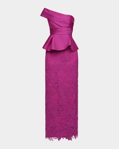 Theia Colby Peplum Floral Lace Column Gown In Purple