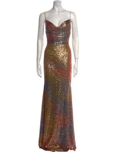 Pre-owned Theia Colorblock Pattern Long Dress In Pink