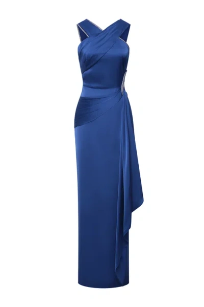 Theia Cressida Rhinestone-trim Halter Column Gown In Blue