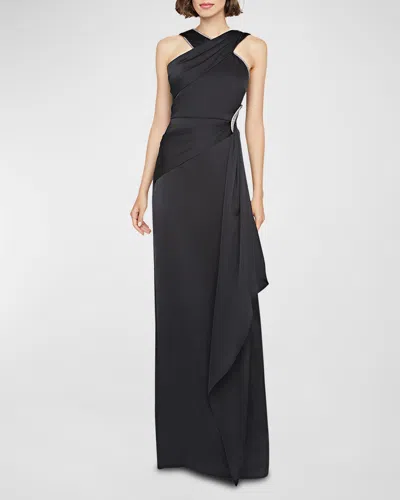 Theia Cressida Rhinestone-trim Halter Column Gown In Black