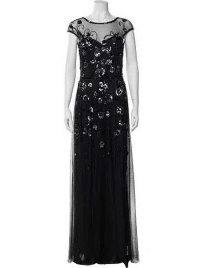 Pre-owned Theia Crew Neck Long Dress In Black