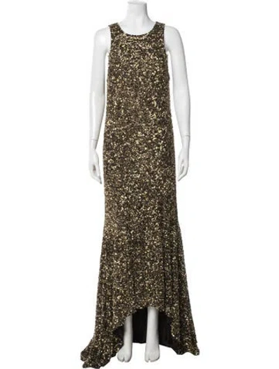 Pre-owned Theia Crew Neck Long Dress In Gold/metallic