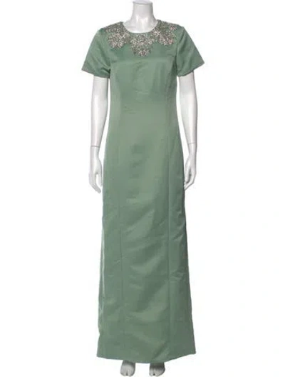 Pre-owned Theia Crew Neck Long Dress In Green