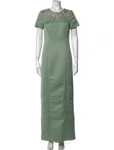 Pre-owned Theia Crew Neck Long Dress In Green