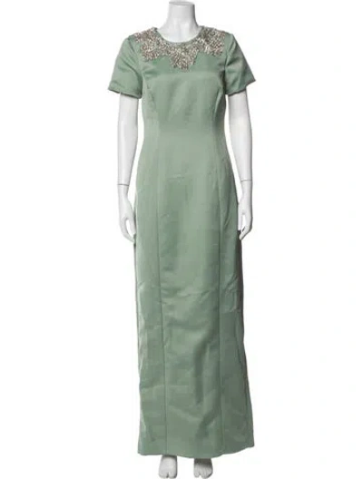 Pre-owned Theia Crew Neck Long Dress In Green