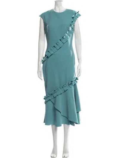 Pre-owned Theia Crew Neck Midi Length Dress In Green