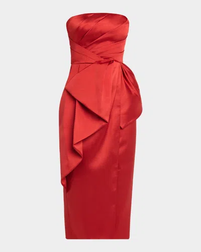 Theia Dorothea Draped Strapless Midi Dress In Red