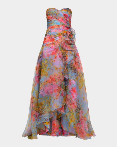 Theia Eloise Strapless Floral-print Organza Gown In Multi