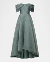 Theia Elysia Off-shoulder Floral Jacquard Gown In Green
