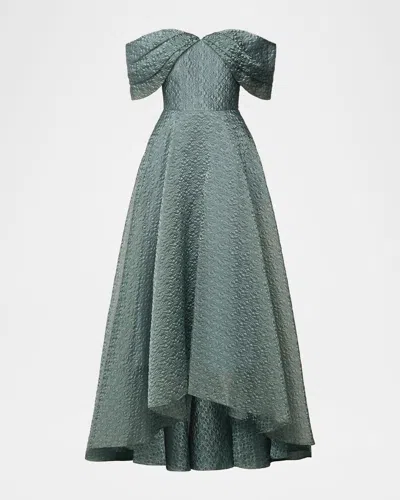 Theia Elysia Off-shoulder Floral Jacquard Gown In Green