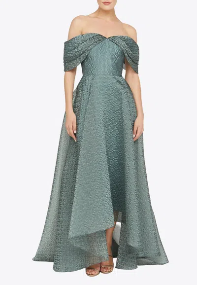 Theia Elysia Off-shoulder Floral Jacquard Gown In Green