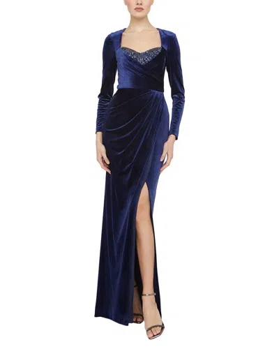 Theia Emerson Draped Stretch Velvet Column Gown In Blue