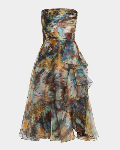 Theia Evanthe Strapless Draped Organza Midi Dress In Multi