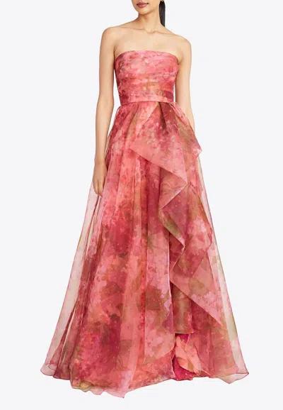 Theia Fahreta Strapless Floral-print Ruffle Gown In Purple