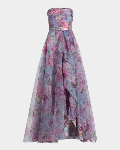 Theia Fahreta Strapless Floral-print Gown In Glass Gardenia
