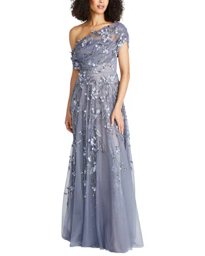 Theia Fiorella Draped Beaded Gown In Blue