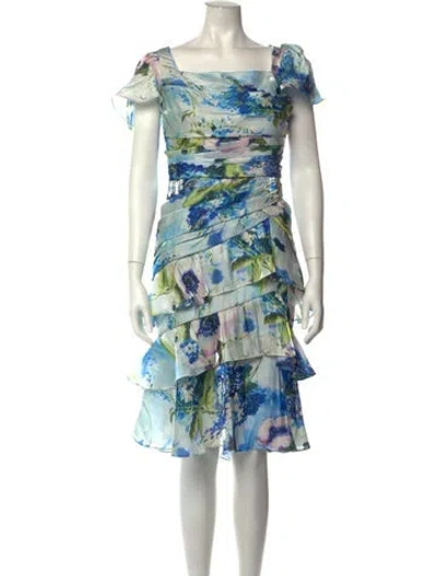 Pre-owned Theia Floral Print Knee-length Dress In Blue